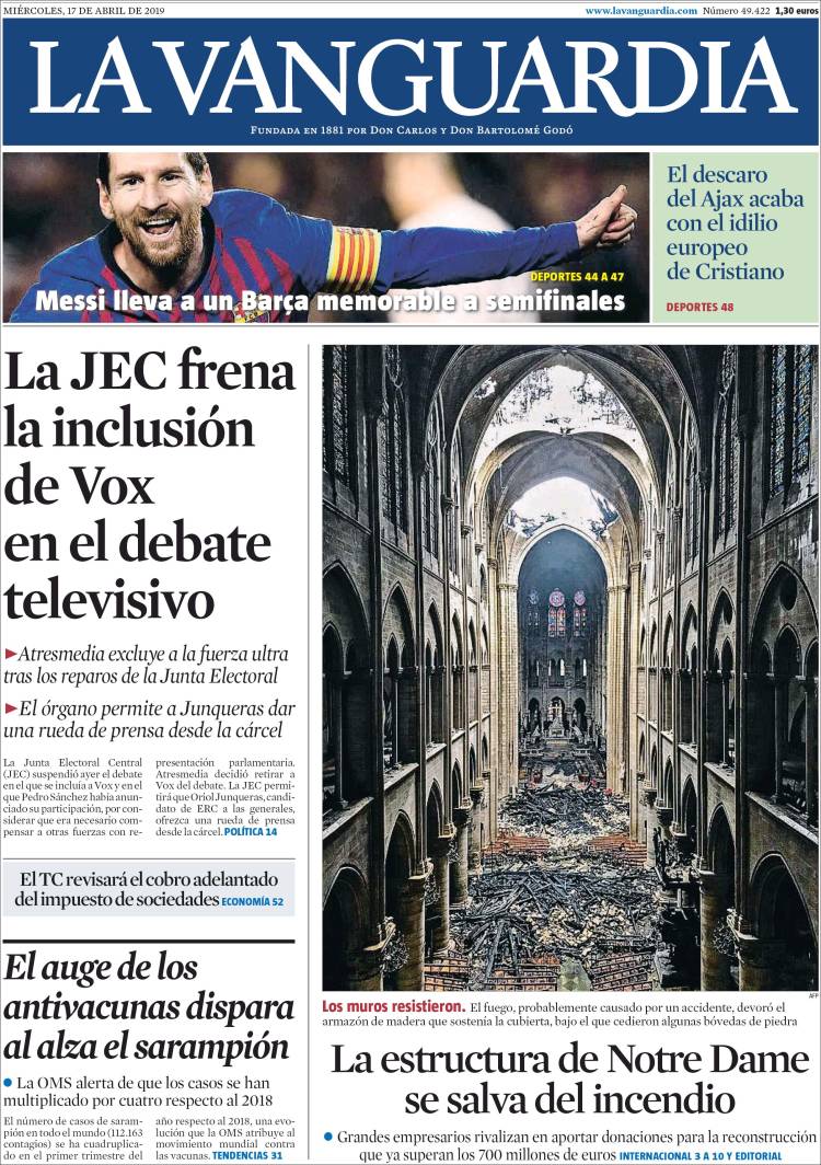 La Vanguardia Portada 17 04 2019