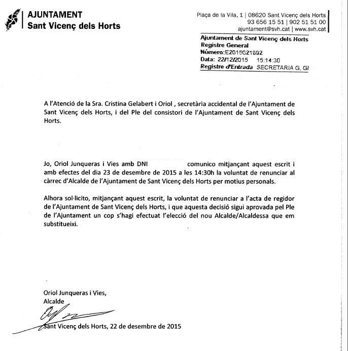 Junqueras renuncia com a alcalde de Sant Vicenç