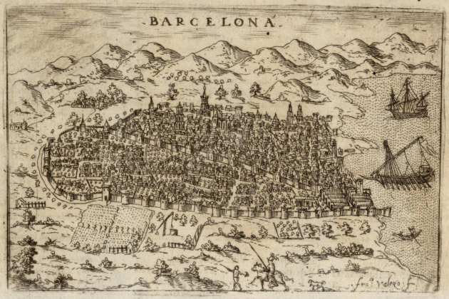 Gravat de Barcelona, amb la platja de Montjuic i la Galera Reial (1595). Font Cartoteca de Catalunya