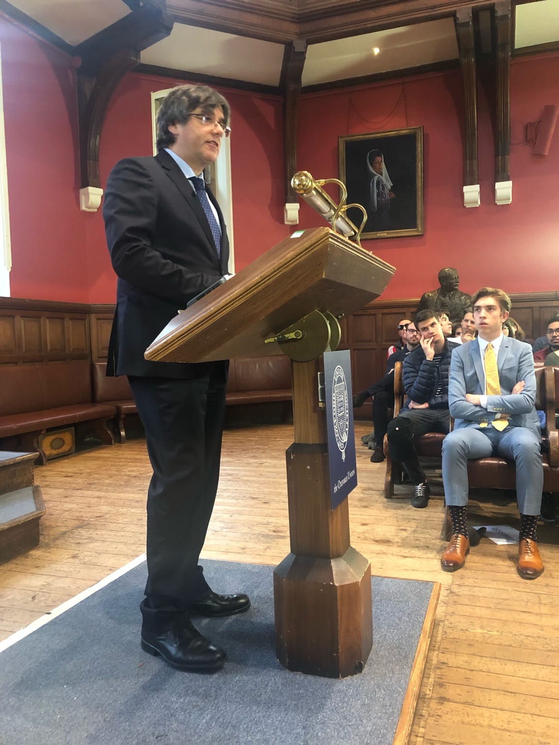Carles Puigdemont speaks at the Oxford Union