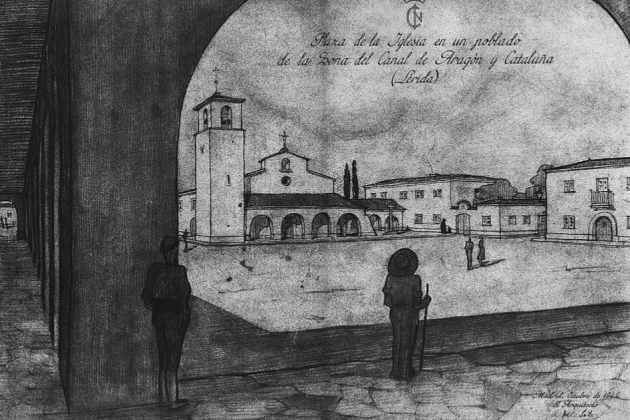 Plaza del Esglèsia de un poblado de colonización. Fuente Archivo Historic de Lleida