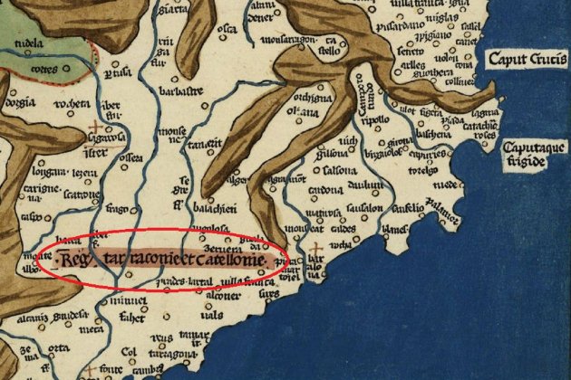 Mapa de Catalunya. Fragment d'un mapa de la península ibèrica. Font Cartoteca de Catalunya