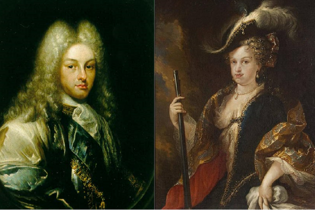 Felipe V y Gabriela de Saboya (1712), obra de Miguel Jacinto Melendez. Fuente Real Academia de Historia y Wikimedia Commons