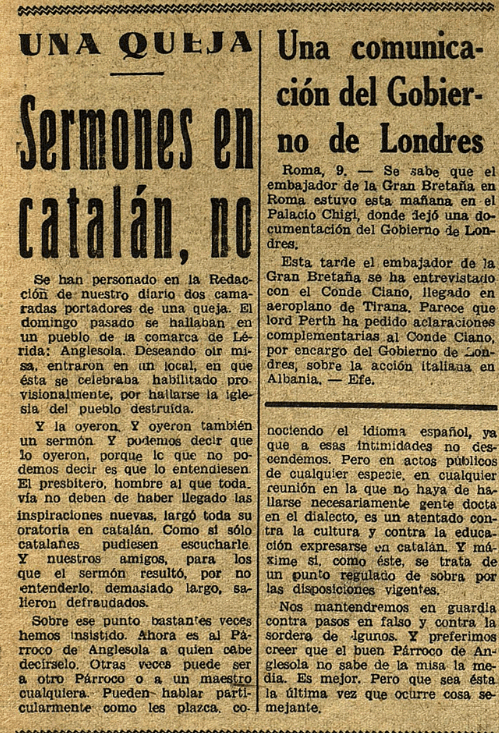 Recorte de prensa de Solidaridad Nacional. 13 04 1939. Fuente Ayuntamiento de Barcelona