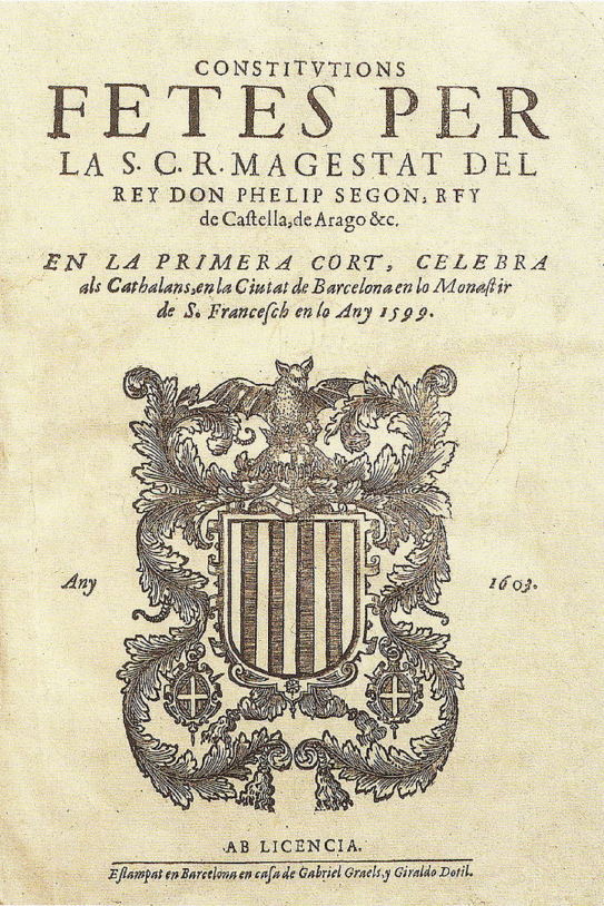Portada de las Constituciones de Catalunya (1599). Fuente Wikimedia Commons
