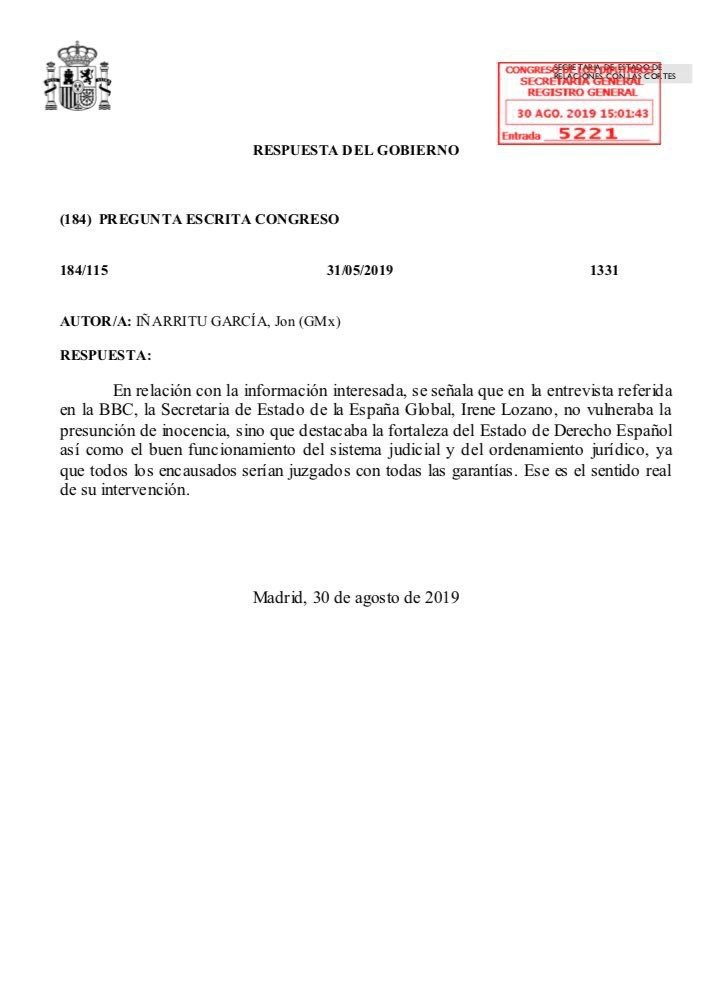Respuesta gobierno PSOE declaraciones Irene Lozano