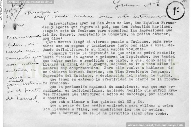 Informe del servei d'espionatge franquista (1938). Font Archivo General Militar de Ávila
