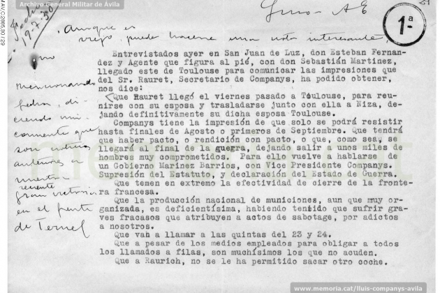 Informe del servicio de espionaje franquista (1938). Font Archivo General Militar de Ávila