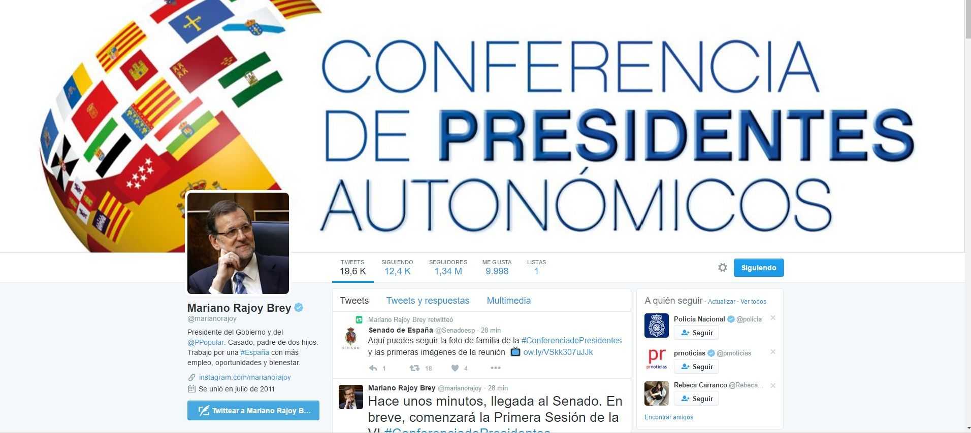 La imagen de la Conferencia de Presidentes Autonómicos, encabezamiento del Twitter de Rajoy