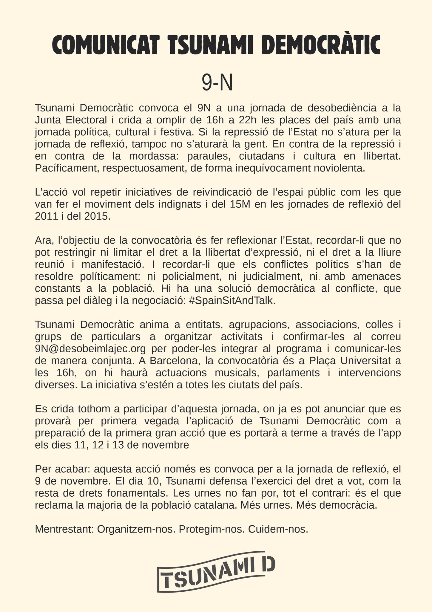 Comunicat 9-N Tsunami Democràtic