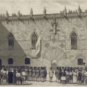 Test 81. El Consell de Cent. Gravat de la façana gótica de la Casa de la Ciutat de Barcelona. Font Ajuntament de Barcelona. Col·lecció Marull Test 81. El Consell de Cent. Gravat de la façana gótica de la Casa de la Ciutat de Barcelona. Font Ajuntament de Barcelona. Col·lecció Marull