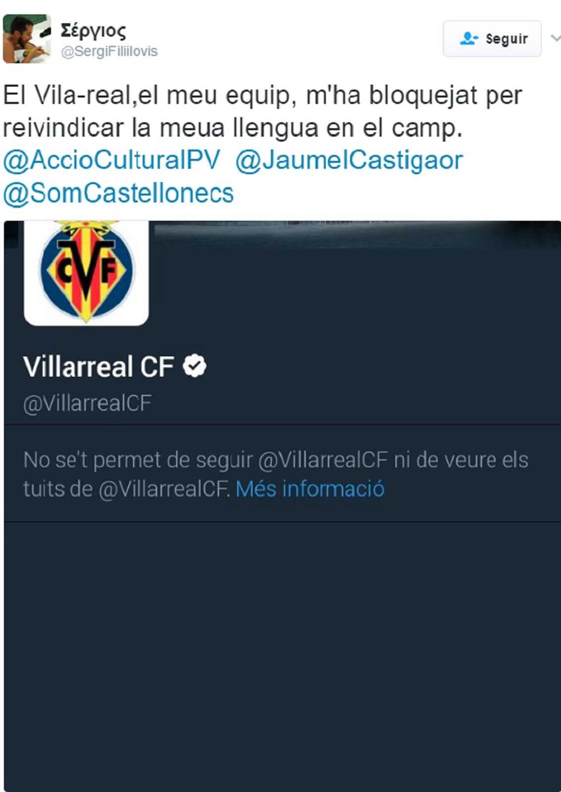 Centenares de usuarios critican al Villareal CF por bloquearlos al pedir el uso del catalán