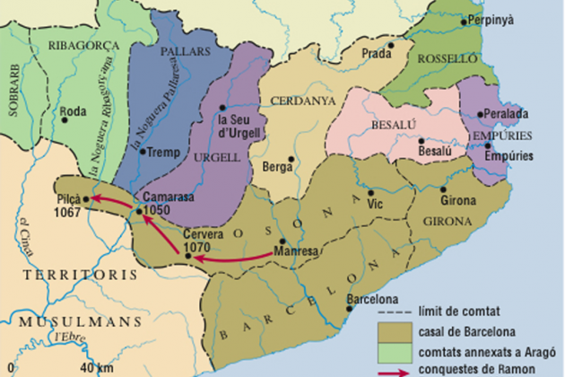 Mapa de los condados catalanes hacia el año 1000. Font Enciclopedia