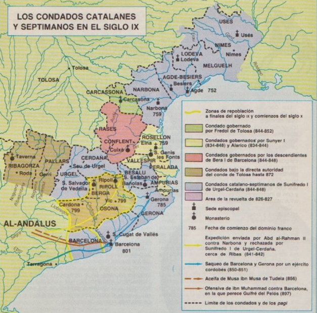 Mapa de la Marca de Gòtia y sus condados, en tiempo de Guifré el Pilós. Fuente Wikimedia Commons