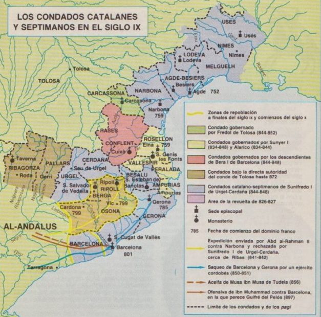 Mapa de la Marca de Gòtia i els seus comtats, en temps de Guifré el Pilós. Font Wikimedia Commons