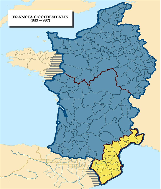 Mapa del regne de França i de la Marca de Gotia. Font Viquipedia
