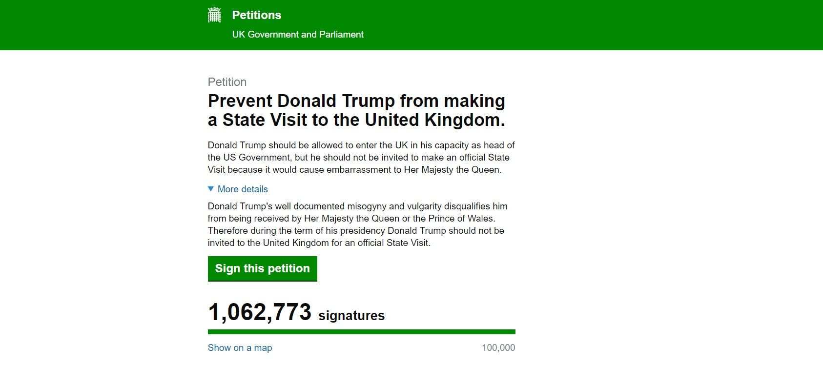 Més d’un milió de signatures demanen la cancel·lació de les trobades entre Trump i Elisabet II