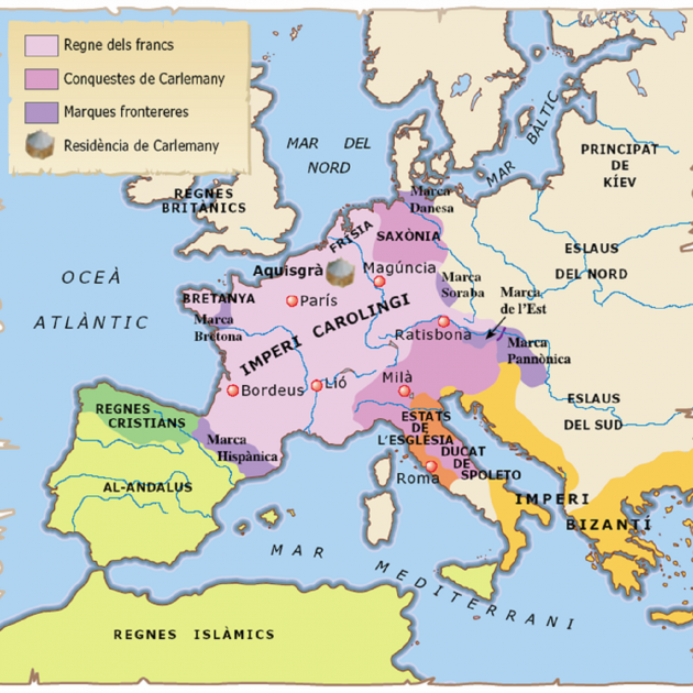 Mapa de l'Imperi carolingi en temps de Carlemany (801 814). Font Institut d'Estudis Catalans