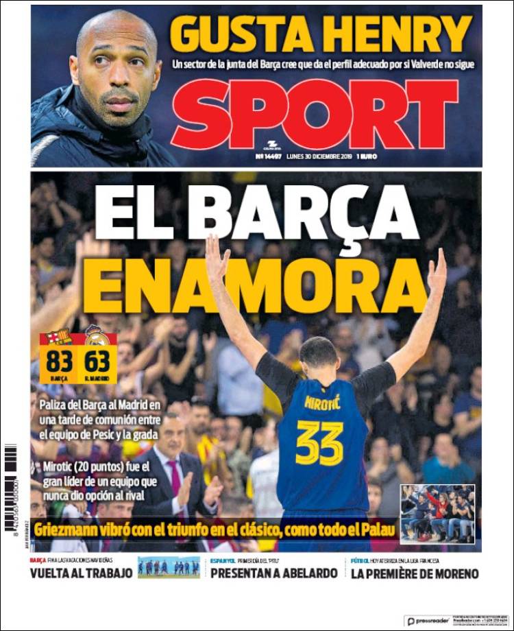 Portada Sport Barca Madrid Palau