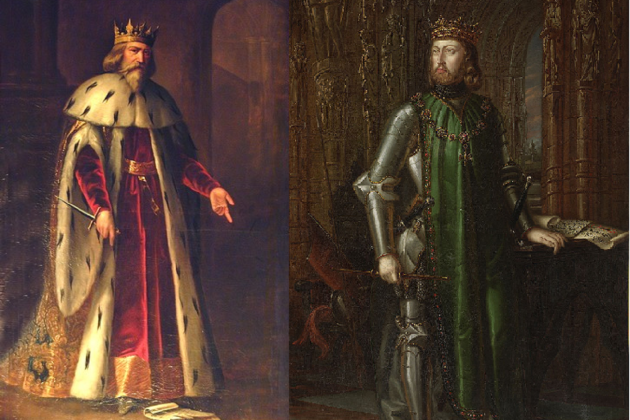 Pere III de Barcelona i IV d'Aragó i Joan I de Castella i de Lleó  pare i marit d'Elionor d'Aragó. Font Viquipedia