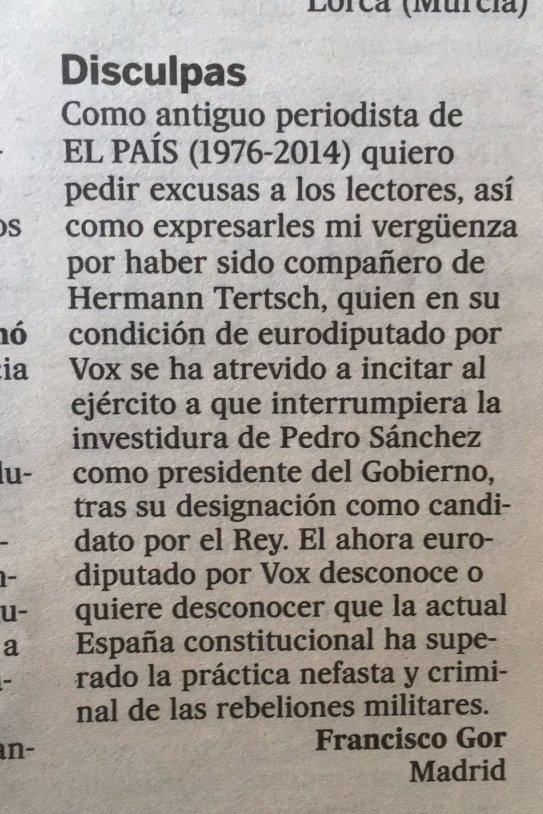 Carta disculpes Paco Gor Hermann Tertsch EL País