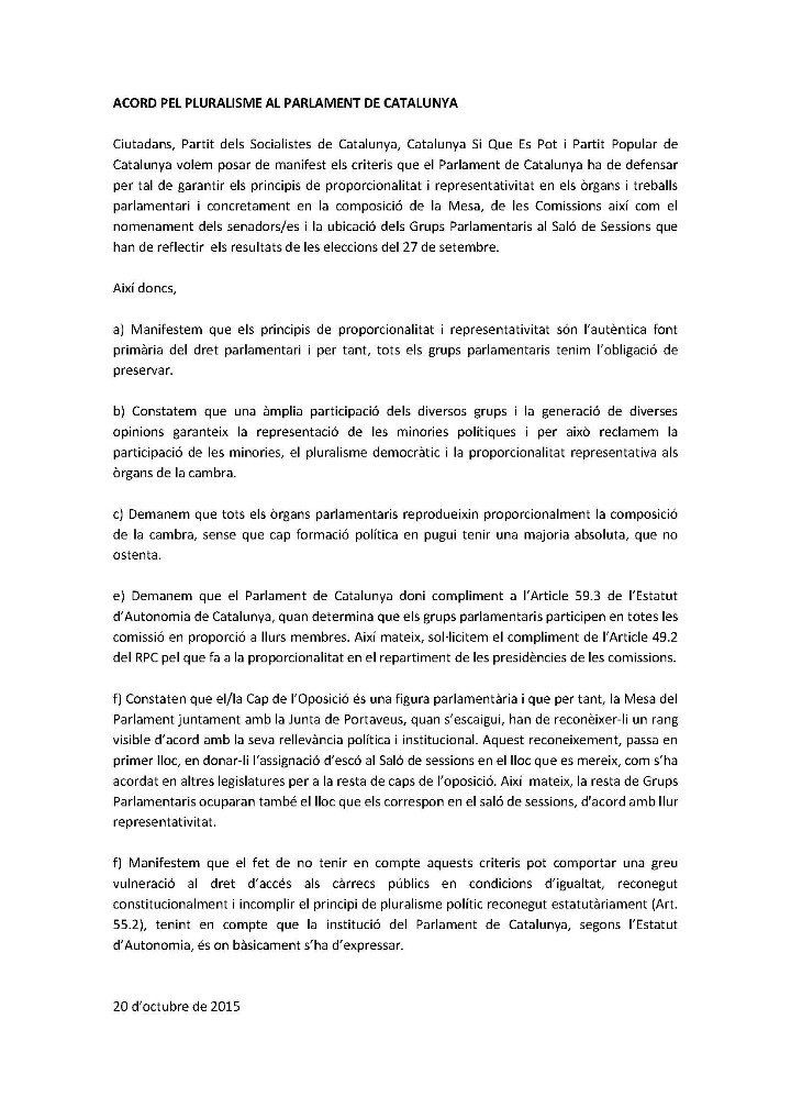 Acuerdo por|para el Pluralismo en el Parlamento, consensuado por PP, PSC, CSQEP y Ciutadans